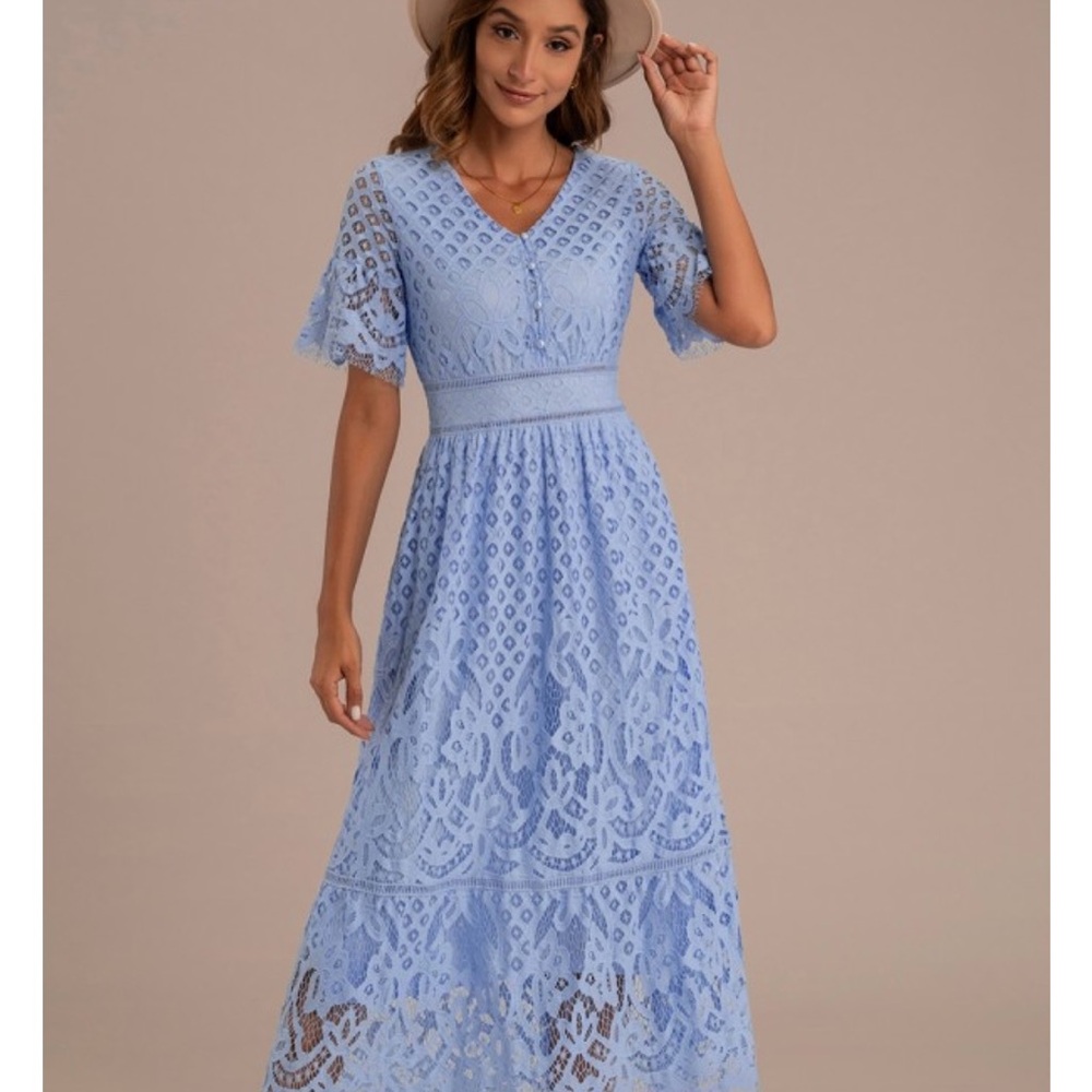 Half Sleeve V Neck Button Detail Lace Embroidery Midi Dress